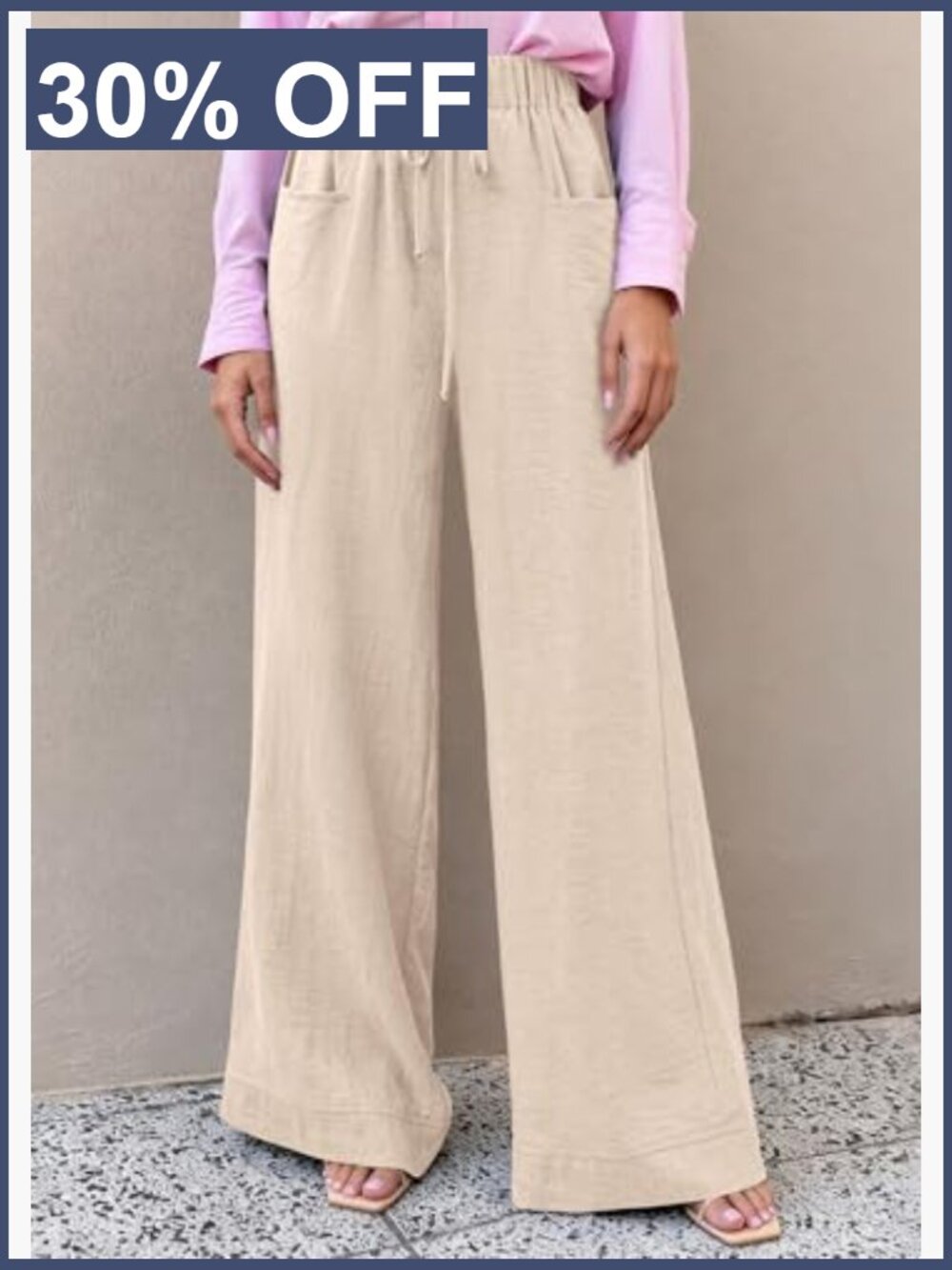 High Waist Wide Leg Flow Palazzo Pants Drawstring Pockets Lounge Beach - Picture 2 of 7